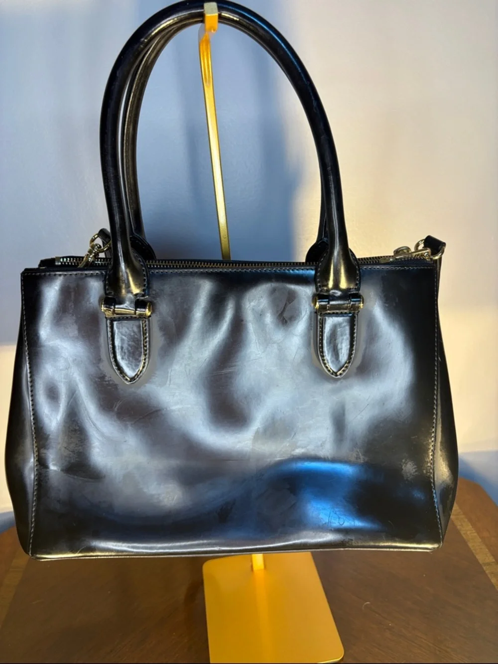 Ralph Lauren Black Patent Leather Tote Bag with Gold Hardware
